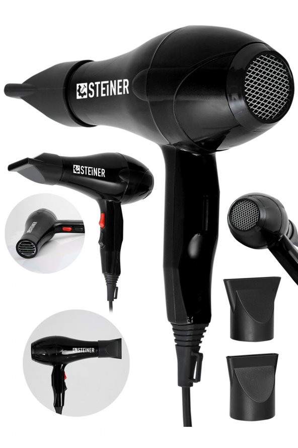 STEİNER Alman 3400 Watt Profesyonel Saç Kurutma Makinesi Fön Makinesi Ac Motor Ms-9001 Siyah + 2 Adet Başlık - 2