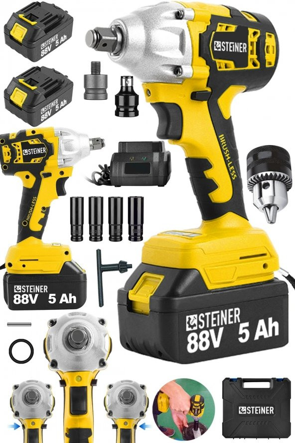 STEİNER Alman 88 V 5 Ah Çift Akülü Metal Şanzuman Bijon Somun Sıkma Sökme Matkap Kömürsüz Çantalı + Mandren ürün görseli