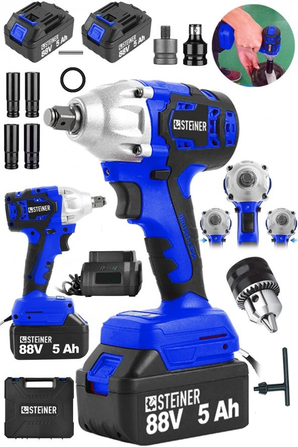 STEİNER Alman 88 V 5 Ah Çift Akülü Metal Şanzuman Bijon Somun Sıkma Sökme Matkap Kömürsüz Çantalı + Mandren - 2