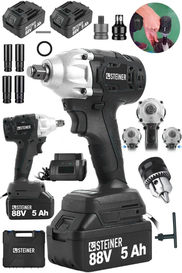 STEİNER Alman 88 V 5 Ah Çift Akülü Metal Şanzuman Bijon Somun Sıkma Sökme Matkap Kömürsüz Çantalı + Mandren - 2