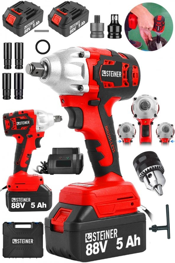 STEİNER Alman 88 V 5 Ah Çift Akülü Metal Şanzuman Bijon Somun Sıkma Sökme Matkap Kömürsüz Çantalı + Mandren - 2