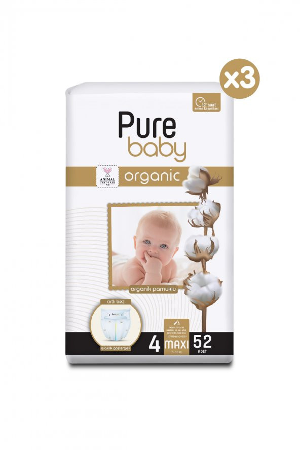 Pure Baby Organik Pamuklu Cırtlı Bez 3Lü Paket 4 Numara Maxi 156 Adet - 2
