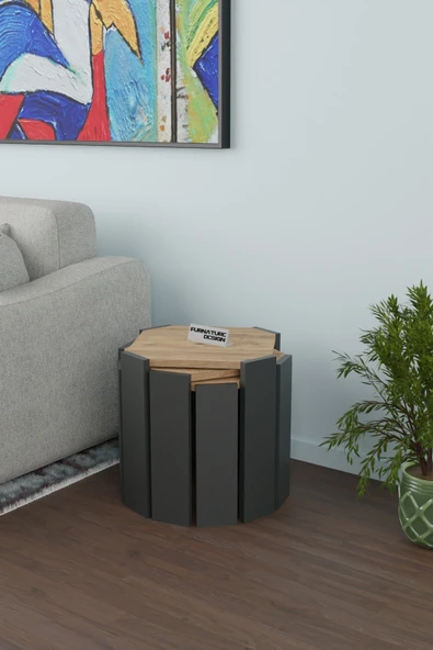 Sekizgen Üçlü Zigon Sehpa Seti Sunta Yan Sehpa Atlantik Çam - Antrasit