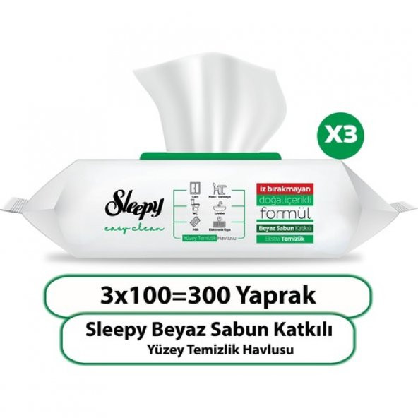 Sleepy Easy Clean Beyaz Sabun Katkılı Yüzey Temizlik Havlusu 3X100 (300 Yaprak)