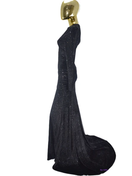 HOME STORE SİYAH KUYRUKLU KADİFE GECE ELBİSESİ - 3