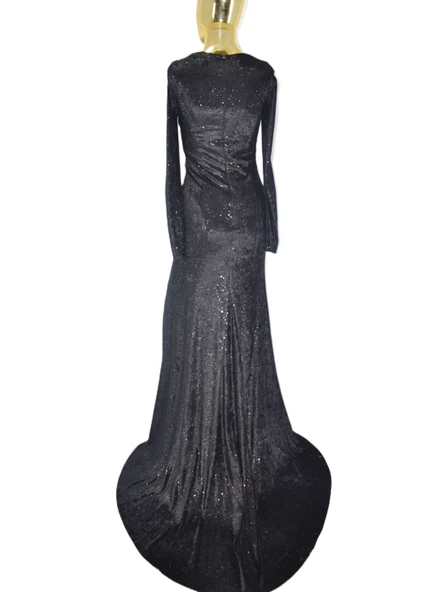 HOME STORE SİYAH KUYRUKLU KADİFE GECE ELBİSESİ - 2