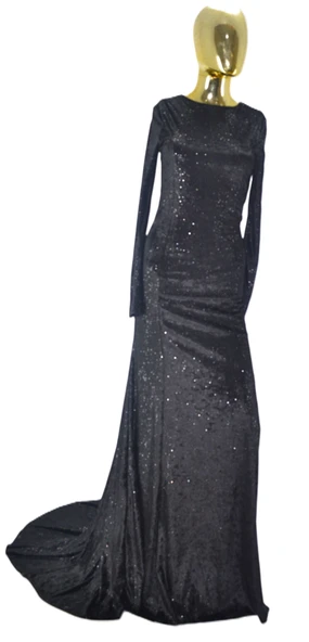 HOME STORE SİYAH KUYRUKLU KADİFE GECE ELBİSESİ