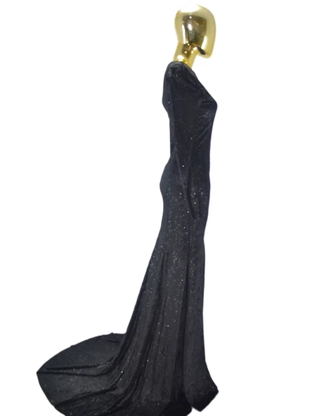 HOME STORE SİYAH KUYRUKLU KADİFE GECE ELBİSESİ - 4