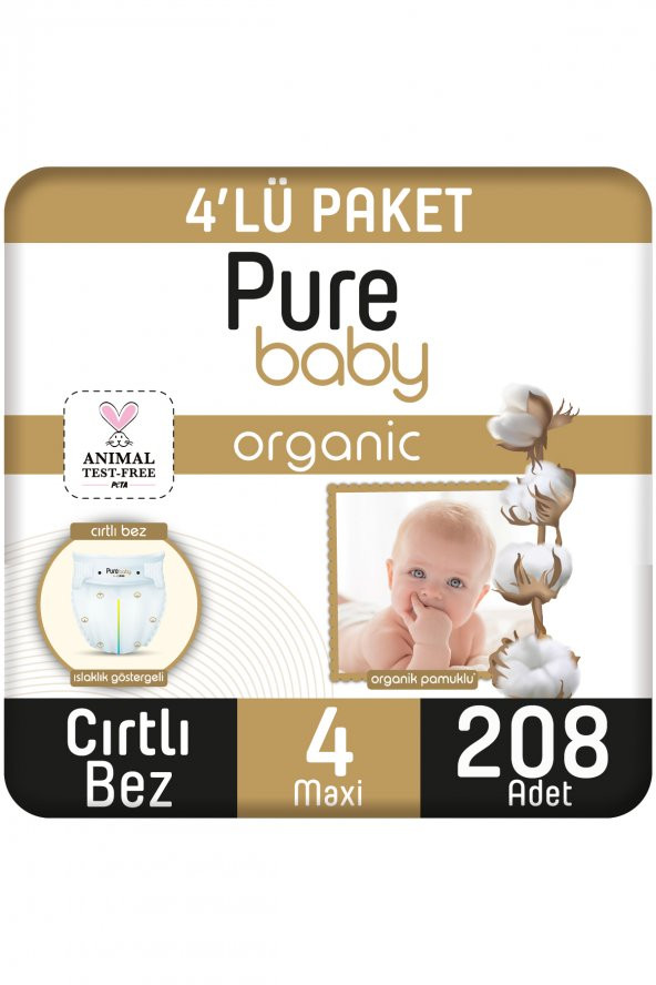 Pure Baby Organik Pamuklu Cırtlı Bez Pure Baby 4lü  Paket 4 Numara Maxi 208 Adet