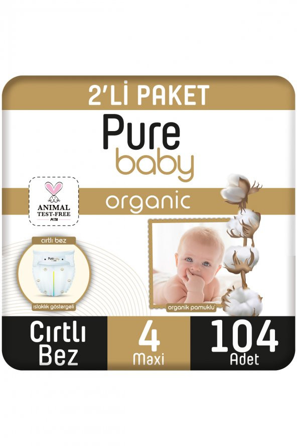 Pure Baby Organik Pamuklu Cırtlı Bez 2Li Paket 4 Numara Maxi 104 Adet