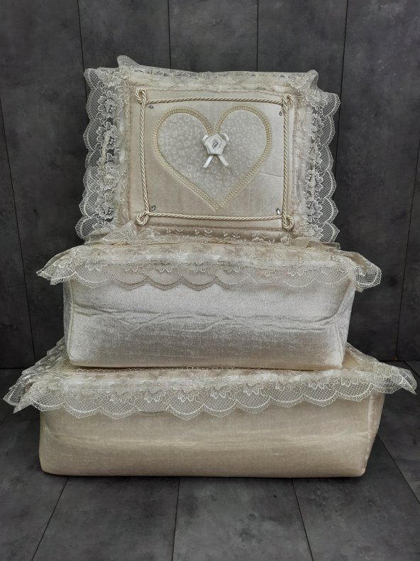 Love Kapuçino Dantelli Kalpli 3lü Çeyizlik Hurç Seti, Düğün, Nişan, Söz, Bohça, Gelin, Damat, Hurcu - 2