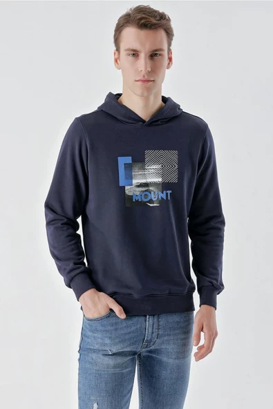Slimfit Kapşonlu Önü Baskılı 2 İplik Erkek Sweatshirt - 7