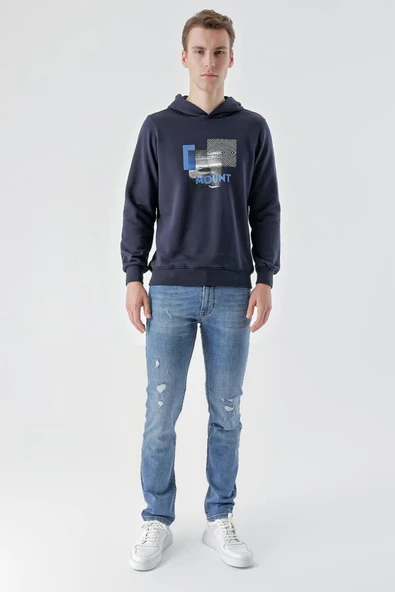 Slimfit Kapşonlu Önü Baskılı 2 İplik Erkek Sweatshirt - 8