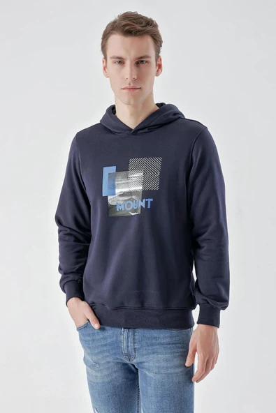 Slimfit Kapşonlu Önü Baskılı 2 İplik Erkek Sweatshirt - 9