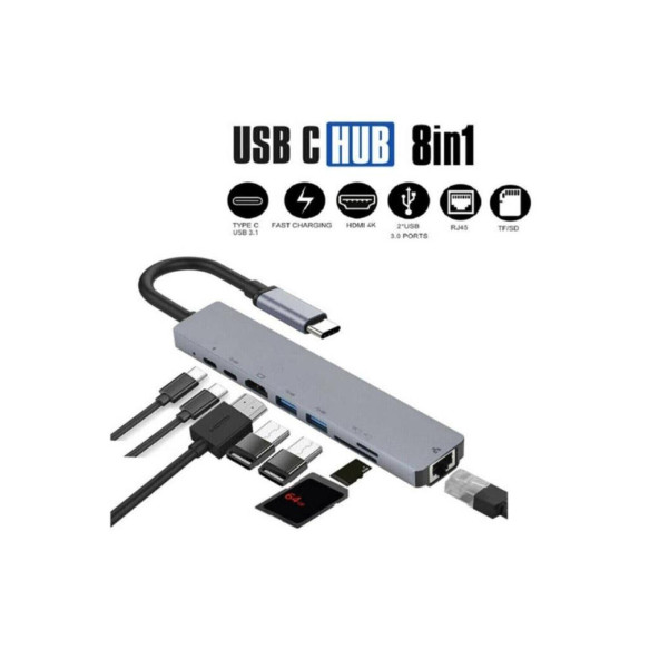 Macbook Pro Air Usb Type-c Hub Dönüştürücü Çevirici Çoklayıcı Usb Hdmı Micro Sd 8 Girişli Rj8i1new - 1