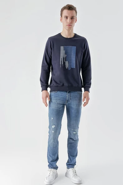 Slimfit Bisiklet Yaka Önü Baskılı 2 İplik Erkek Sweatshirt - 8