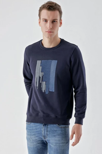 Slimfit Bisiklet Yaka Önü Baskılı 2 İplik Erkek Sweatshirt - 7