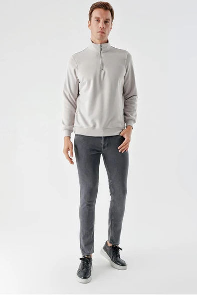 Slimfit Yarım Fermuarlı Dik Yaka 2 İplik Erkek Sweatshirt - 4