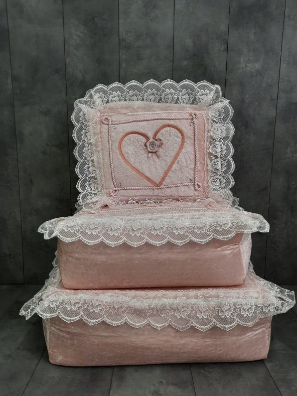 Love Pudra Pembe Dantelli Kalpli 3lü Çeyizlik Hurç Seti, Düğün, Nişan, Bohça, Gelin, Damat, Hurcu - 2