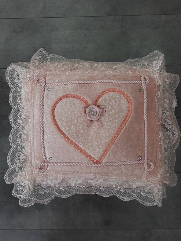 Love Pudra Pembe Dantelli Kalpli 3lü Çeyizlik Hurç Seti, Düğün, Nişan, Bohça, Gelin, Damat, Hurcu - 4