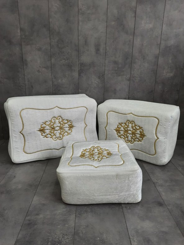 Rumeli Krem Üzeri Gold Nakışlı Çeyizlik 3lü Hurç Seti, Düğün Nişan, Söz, Bohça, Gelin, Damat, Hurcu - 2