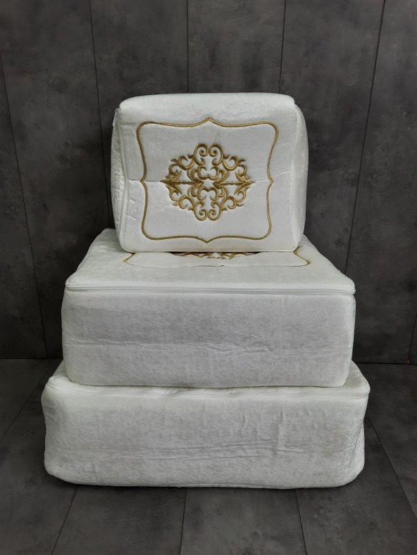 Rumeli Krem Üzeri Gold Nakışlı Çeyizlik 3lü Hurç Seti, Düğün Nişan, Söz, Bohça, Gelin, Damat, Hurcu - 5