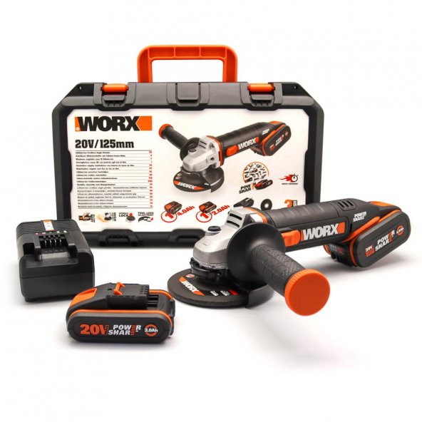 WORX WX803 20Volt 2.0/4.0 Ah. Li-ion Çift Akülü 125mm Profesyonel Şarjlı Avuç Taşlama - 6