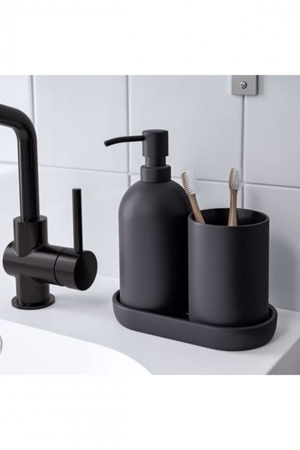 3 Parça Banyo Seti, Siyah Renk MeridyenDukkan Stoneware Sabunluk Seti - 3
