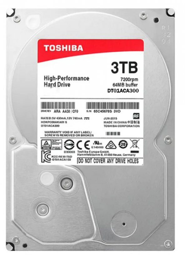 3TB Toshiba 7200RPM 3.5 SATA3 64MB Güvenlik Kamerası Diski DT01ACA300