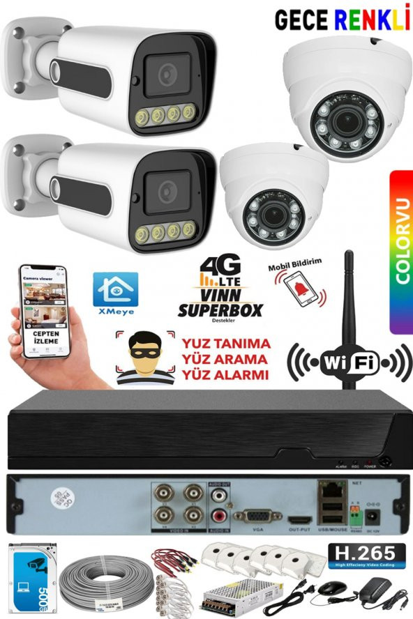 4 Kameralı Gece Renkli 500GB HDD 5MP Lens 1080P FullHD XMEye Cepten İzle Güvenlik Seti (11385)