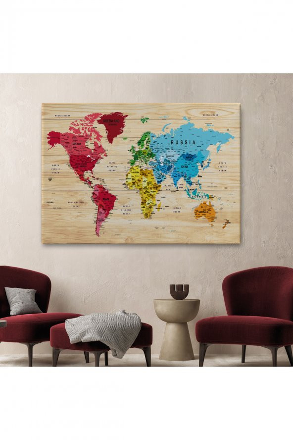 Ahşap Görünümlü Dünya Haritası Ayrıntılı Ve Dekoratif Kanvas Tablo 1812