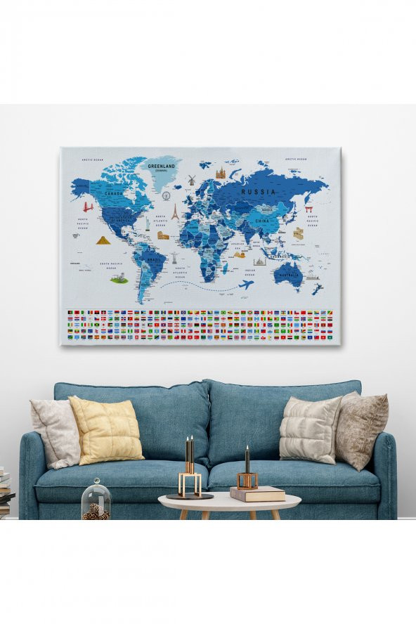 Dünya Haritası Ayrıntılı Eğitici Sembollü Bayraklı Dekoratif Kanvas Tablo 2829