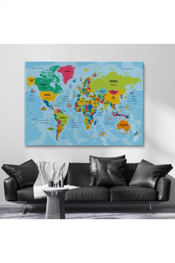 Türkçe Dünya Haritası Sembollü Ve Okyanuslu Dekoratif Kanvas Tablo 2472