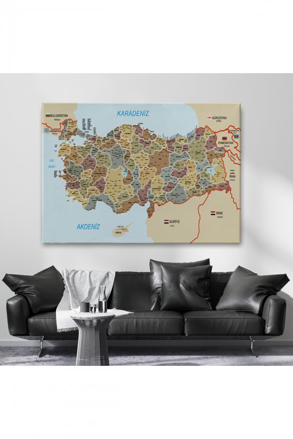 Türkiye Haritası Kanvas Tablo İl Ve İlçeli Ayrıntılı Eğitici Komşulu Tablo 3022