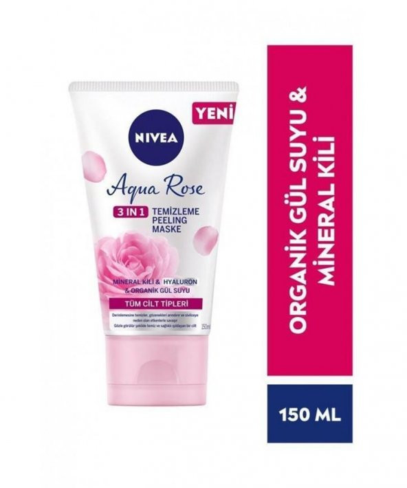 Nivea Aqua Rose 3ü1 arada Yüz Temizleme Peeling Maske Gül Suyu Mineral Kili 150ml