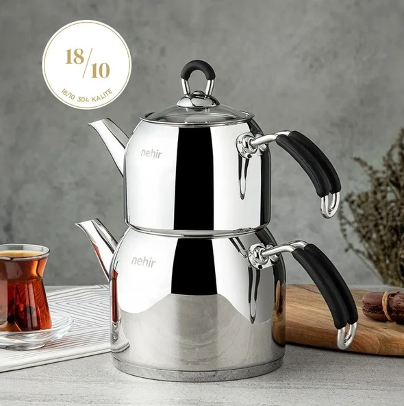 Nehir Modern Maxi Büyük Boy Paslanmaz Çelik 1.6-2.5 Lt. Çaydanlık Takımı - 2