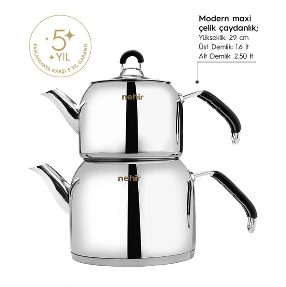 Nehir Modern Maxi Büyük Boy Paslanmaz Çelik 1.6-2.5 Lt. Çaydanlık Takımı - 4