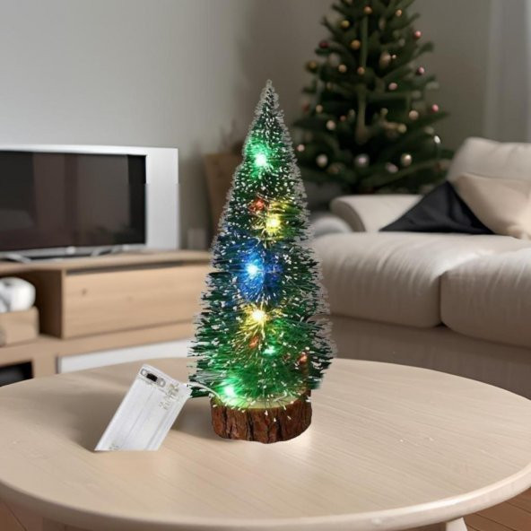 SET 3 RGB Peri LED Işık ve Yılbaşı Mini Masa Ağacı Seti, 40cm,30cm,20cm Kütük Yapay Noel Çam Ağacı