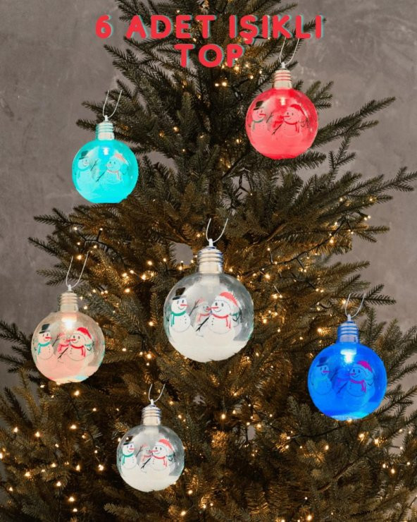 6 Adet Renk Değiştiren Yılbaşı Ağacı Süs Topu, Ağaç Işığı ve Süsü, 6 cm Cici Top Işıklı Pilli Noel