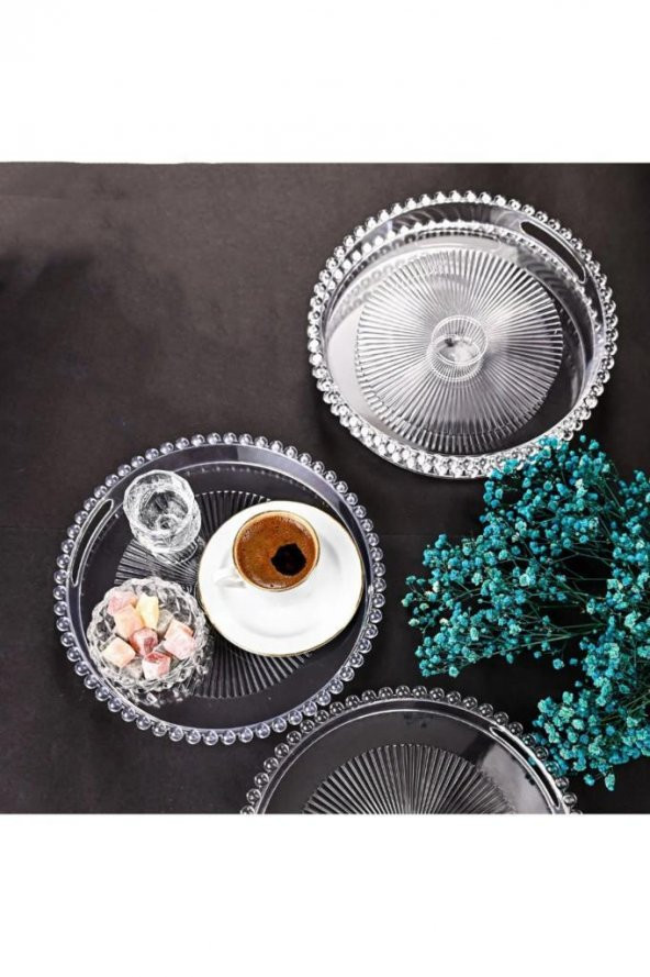 12 Parça Yuvarlak Mika Şeffaf Tepsili Lokumluklu Kahve Yanı Sunum Seti - 2