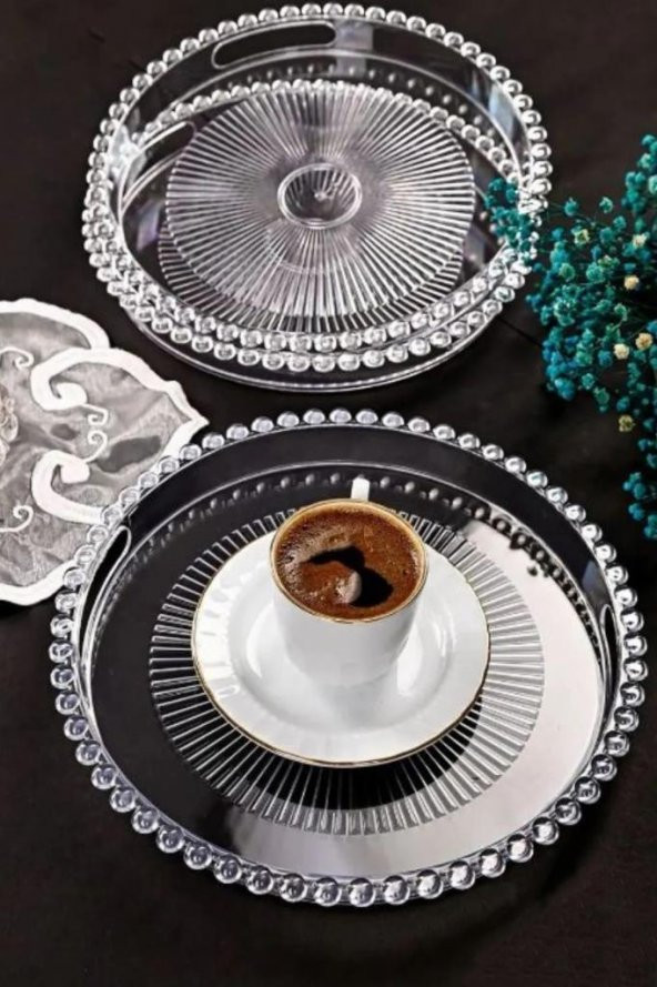 12 Parça Yuvarlak Mika Şeffaf Tepsili Lokumluklu Kahve Yanı Sunum Seti - 5