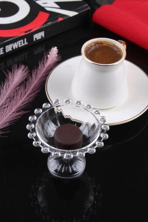 12 Parça Yuvarlak Mika Şeffaf Tepsili Lokumluklu Kahve Yanı Sunum Seti - 6