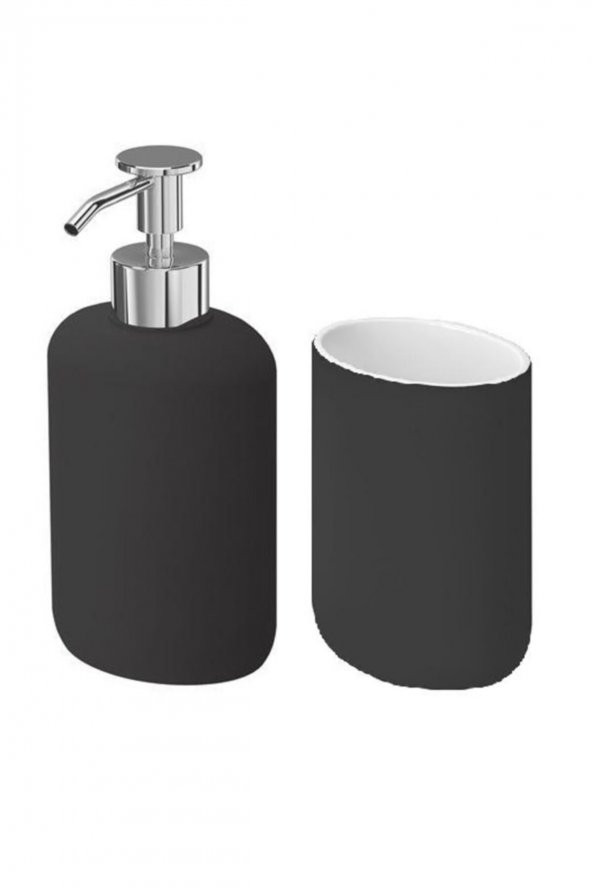 2 Li Banyo Seti Ekoln Sıvı Sabunluk Diş Fırçalık Koyu Gri Renk Stoneware