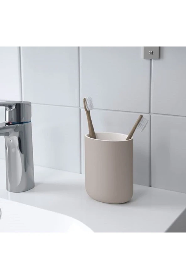 2 Li Banyo Seti Ekoln Sıvı Sabunluk Diş Fırçalık Bej Renk Stoneware - 2