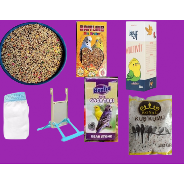 Muhabbet kuş yemi Açık 2 kg+ Ballı Kraker 10'lu + Aynalı Salıngaç +Vitamin+ Kuş kumu+ Kafes Tülü L
