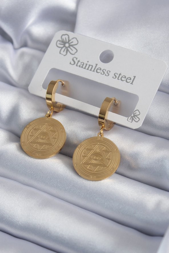 316L Çelik Gold Renk Pentagram İşleme Model Kadın Küpe ürün görseli