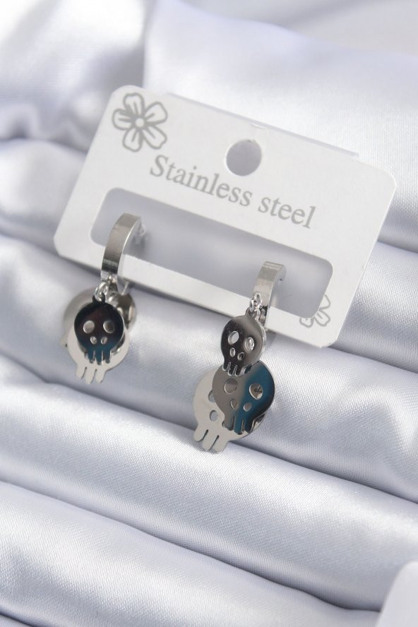 316L Çelik Gümüş Renk Sallantı Kuru Kafa Model Kadın Küpe ürün görseli