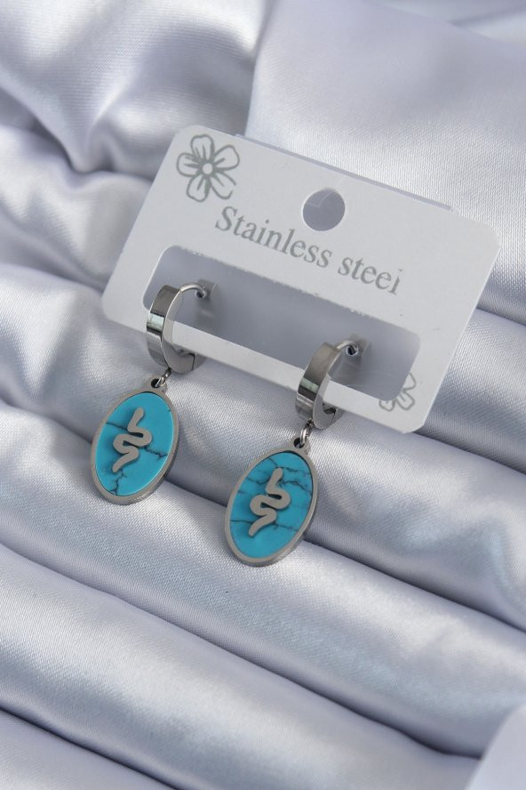 316L Çelik Gümüş Renk Oval Mavi Taşlı Yılan Figür Kadın Küpe ürün görseli