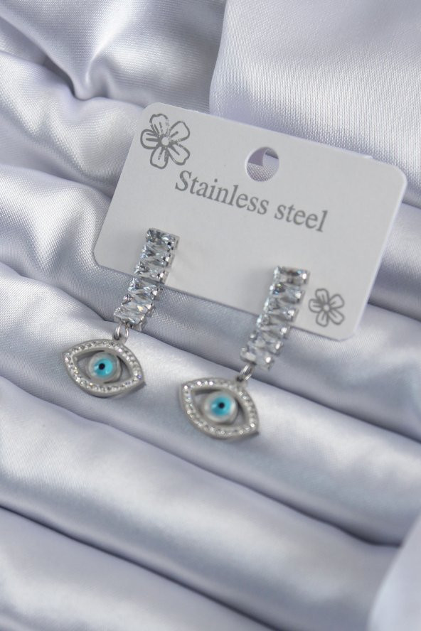 316L Çelik Gümüş Renk Göz Figür Zirkon Taşlı Kadın Küpe ürün görseli