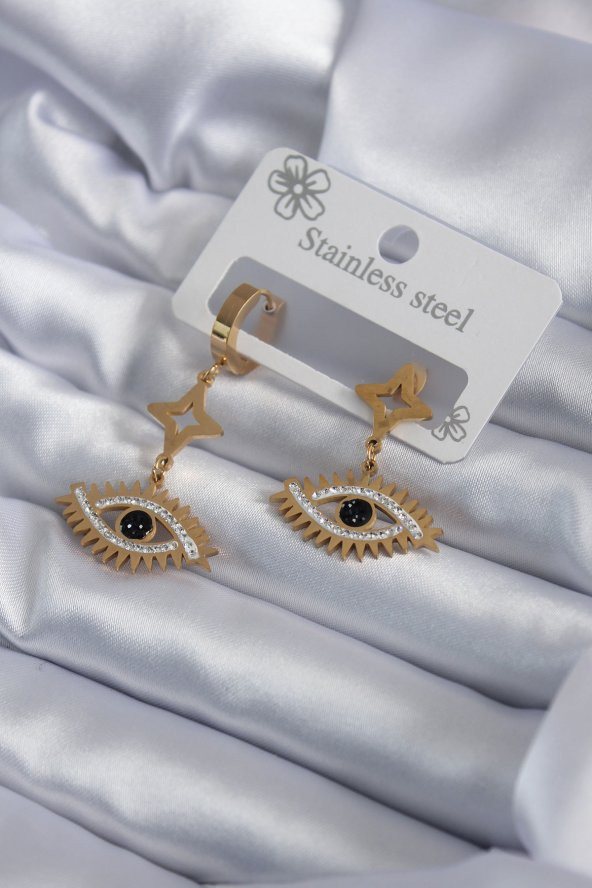 316L Çelik Gold Renk Göz Model Zirkon Taşlı Kadın Küpe ürün görseli